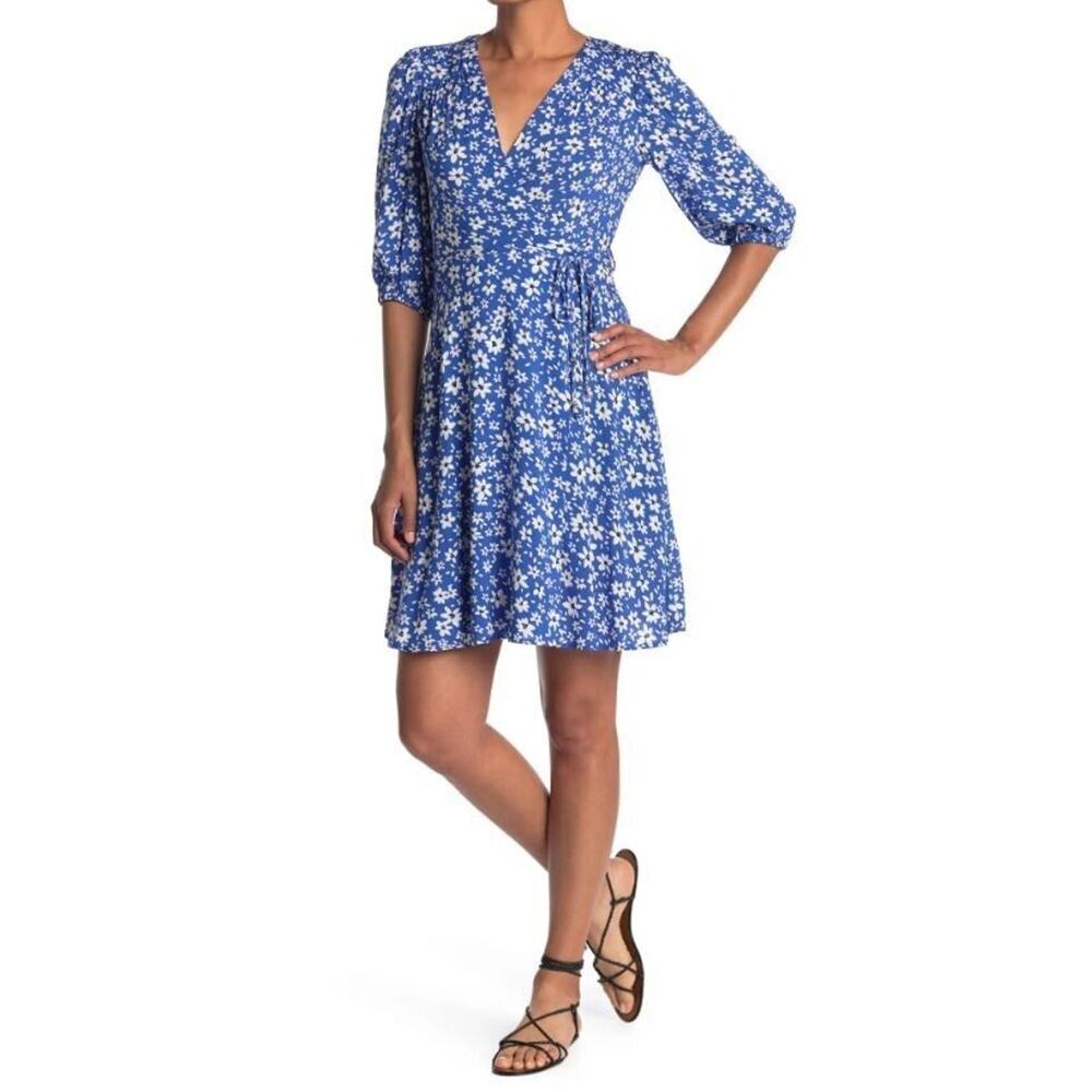 Calvin Klein Women's Faux‎ Wrap Puff Sleeve Mini Dress Blue Floral Size 2 $129